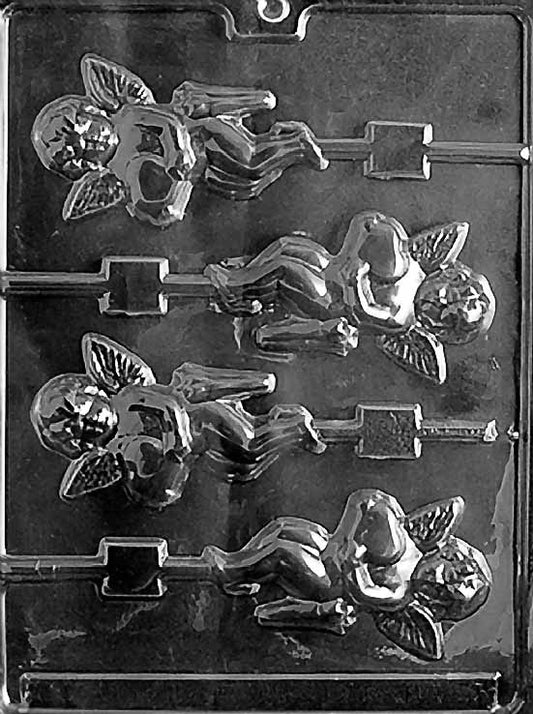 CUPID Lollipop chocolate mold with lollipop cavities shaped like Cupid; clear mold.