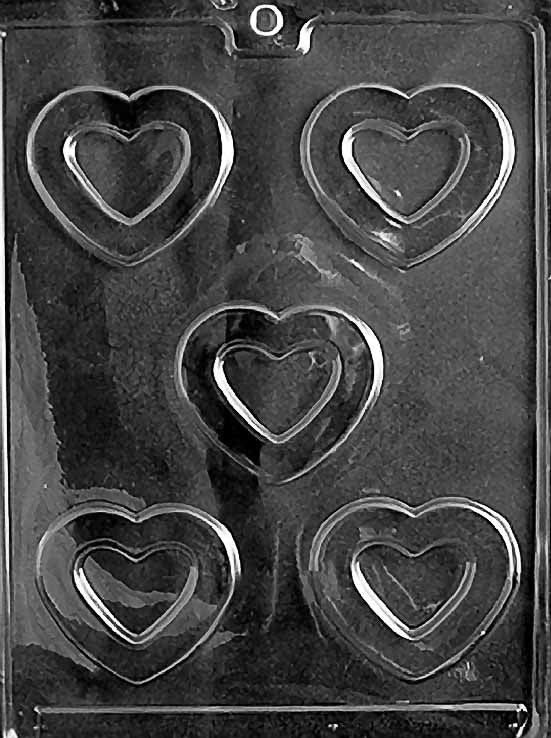 HOLLOW HEARTS chocolate mold with hollow heart cavities; clear mold.