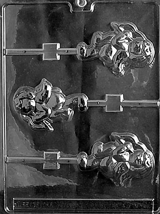 CUPID WITH ARROW Lollipop chocolate mold with lollipop cavities shaped like Cupid with bow and arrow; clear sheet.