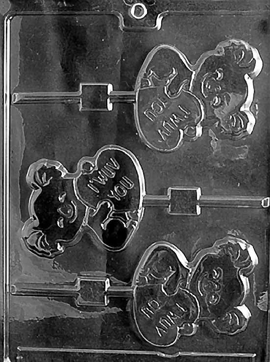 I WUV YOU BEAR Lollipop chocolate mold with lollipop cavities shaped like bears with “I Wuv You”; clear sheet.