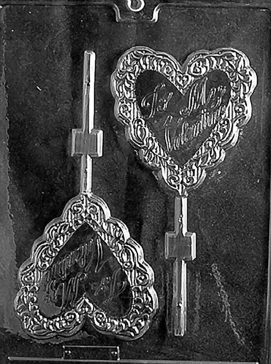LARGE BE MY VALENTINE Lollipop chocolate mold with large heart lollipop cavities embossed with text; clear mold.