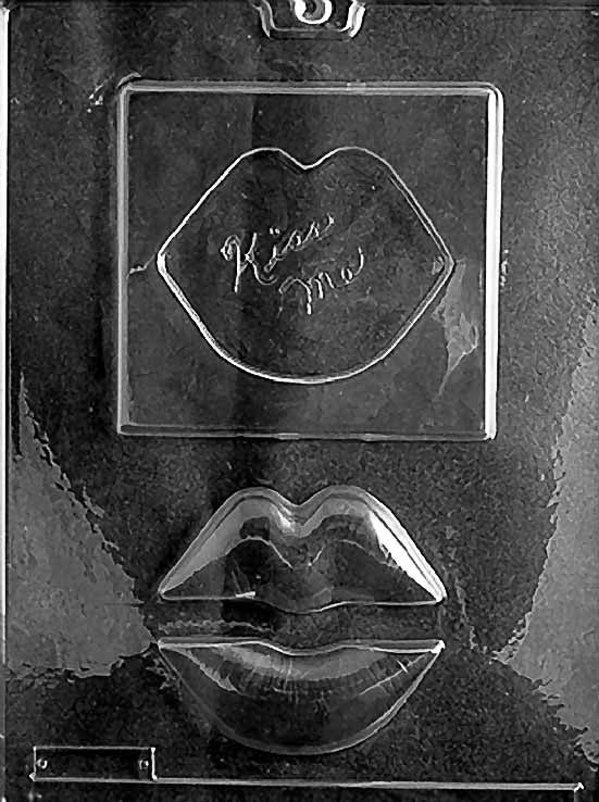 KISS ME LIPS chocolate mold with large lip-shaped cavity embossed with “Kiss Me”; clear mold.