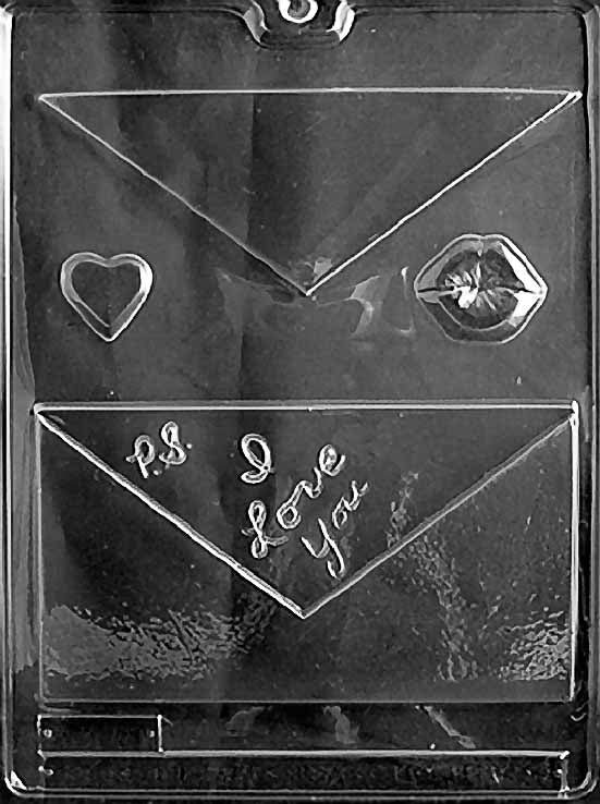 ENVELOPE (P.S. I LOVE YOU) chocolate mold with envelope-shaped cavity embossed with romantic message; clear sheet.