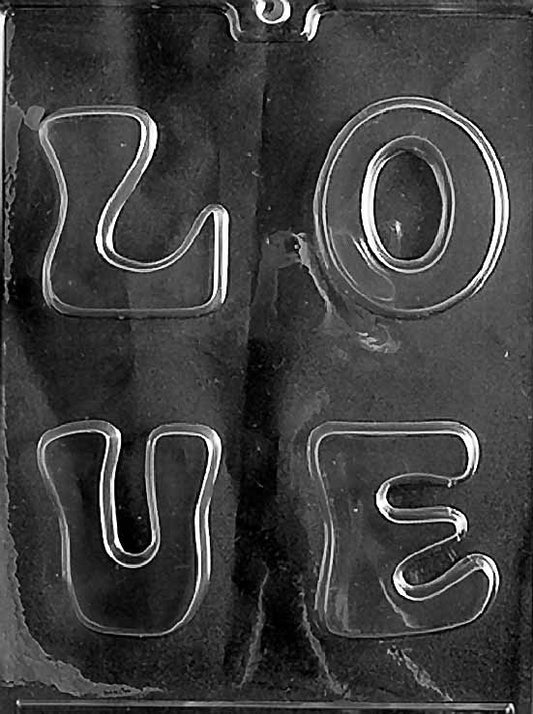 LOVE chocolate mold with cavities shaped like the word “Love”; clear sheet.