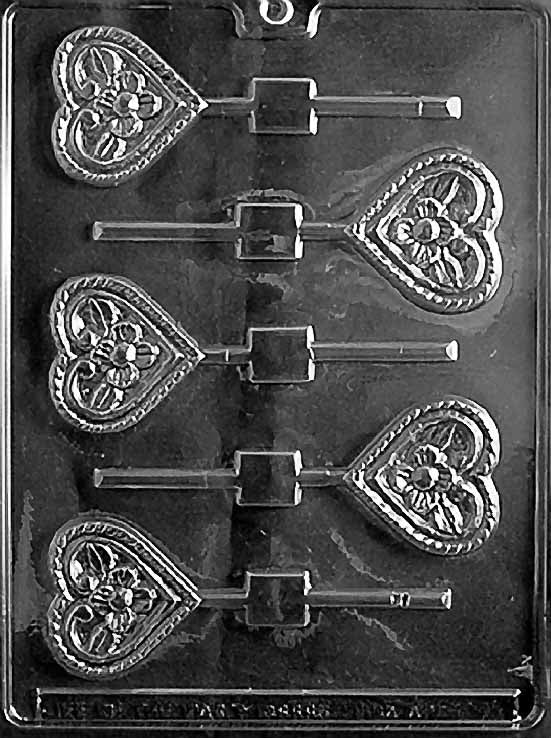 FLOWER HEART Lollipop chocolate mold with floral heart lollipop cavities; clear mold.