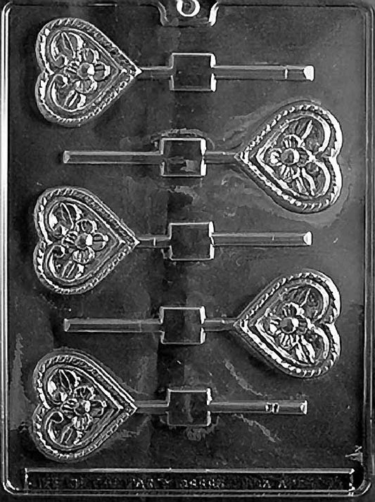 FLOWER HEART Lollipop chocolate mold with floral heart lollipop cavities; clear mold.