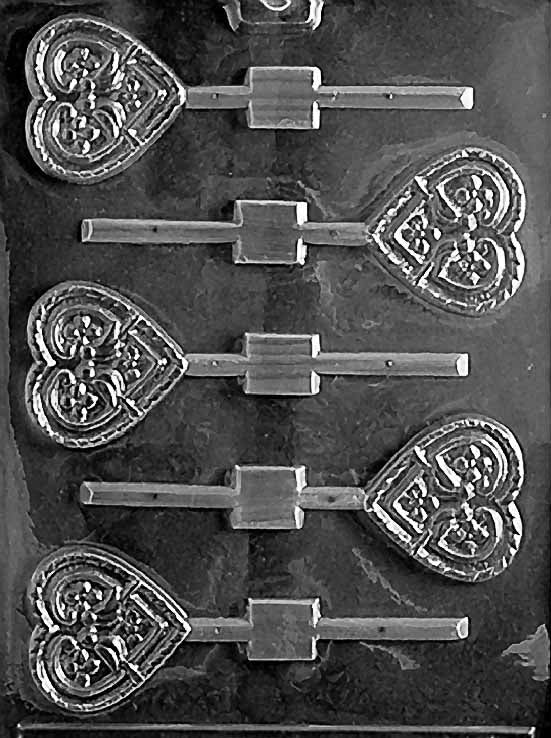 LOVE BIRDS HEART Lollipop chocolate mold with lollipop cavities showing birds inside a heart; clear mold.