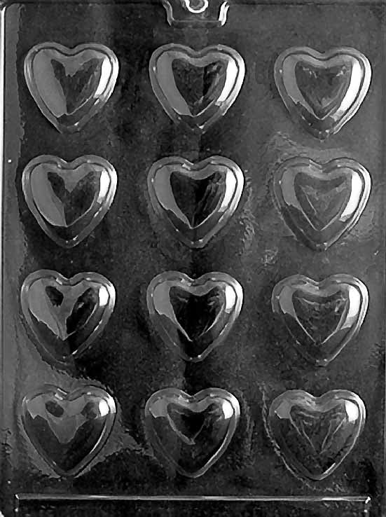 MEDIUM HEART chocolate mold with medium heart-shaped cavities; clear sheet.