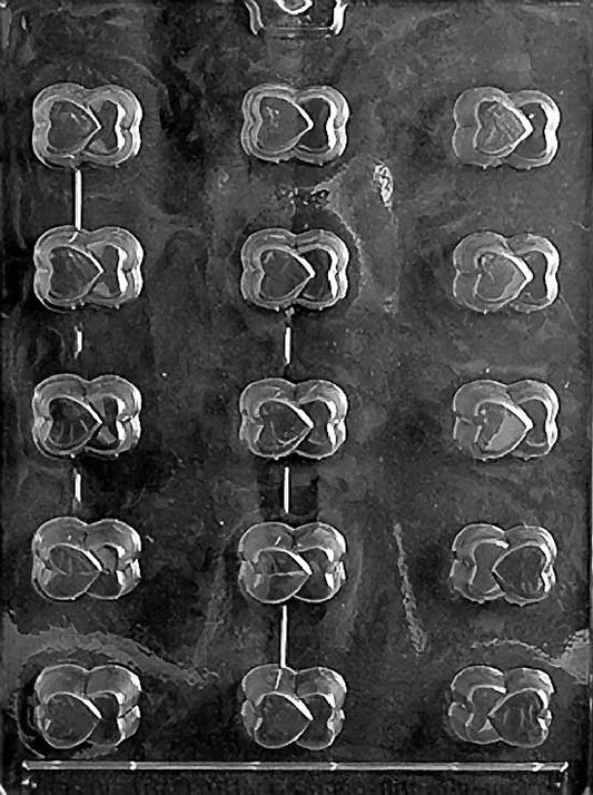 BS DOUBLE HEART chocolate mold with paired double heart cavities; clear mold.
