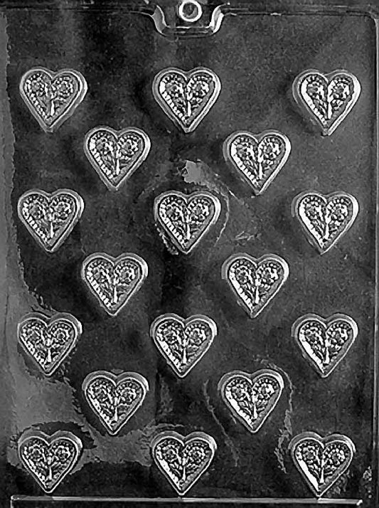 Bite-Sized HEART WITH FLOWERS chocolate mold with mini floral heart cavities; clear mold.