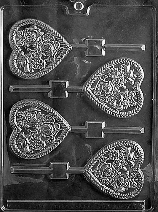 HEART POP WITH BIRDS & FLOWERS chocolate mold with heart, bird, and flower lollipop cavities; clear mold.