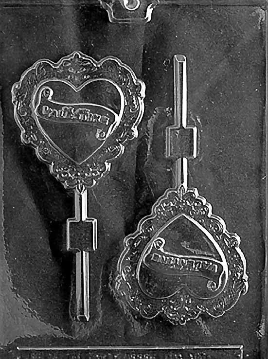 BE MY VALENTINE Lollipop chocolate mold with lollipop cavities embossed with text; clear sheet.