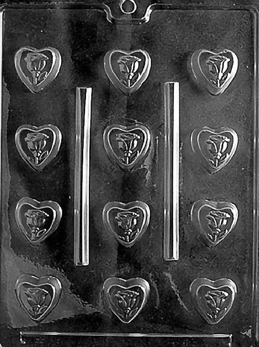 Bite-Sized ROSE HEART chocolate mold with mini heart cavities accented by roses; clear mold.