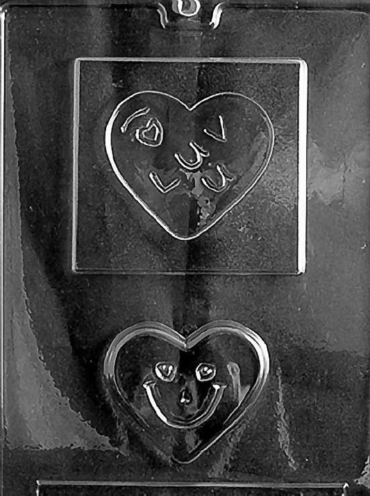 I LUV U HEART chocolate mold with large heart cavities embossed with “I Luv U”; clear mold.