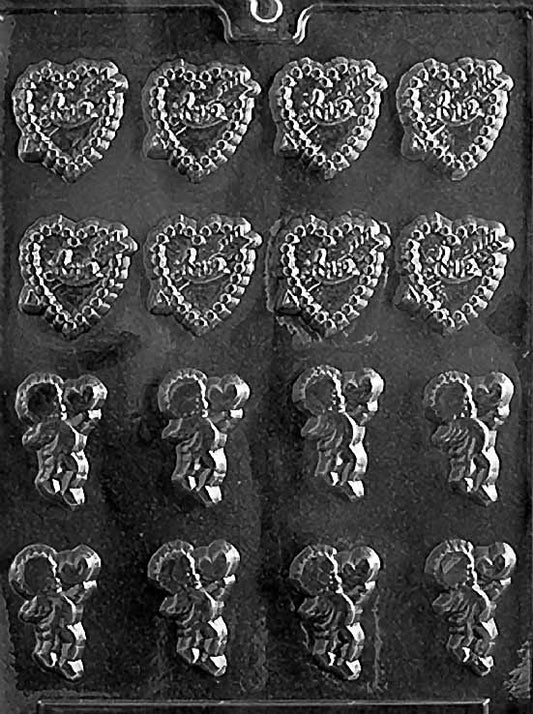 Bite-Sized HEART & CUPIDS chocolate mold with small heart and Cupid cavities; clear mold.