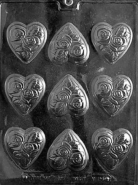 MEDIUM HEART WITH FLOWERS chocolate mold with floral medium heart cavities; clear mold.