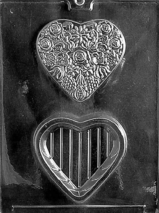 FLOWERED HEART POUR BOX chocolate mold with heart-shaped floral container cavities; clear mold.
