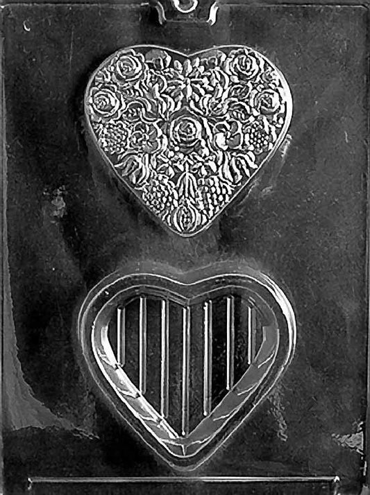 FLOWERED HEART POUR BOX chocolate mold with heart-shaped floral container cavities; clear mold.