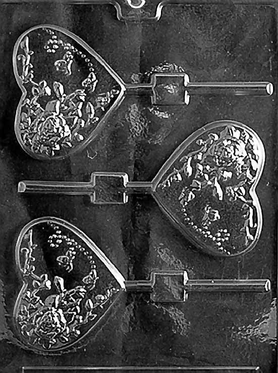 HEART Lollipop WITH FLOWERS chocolate mold with floral heart lollipop cavities; clear sheet.