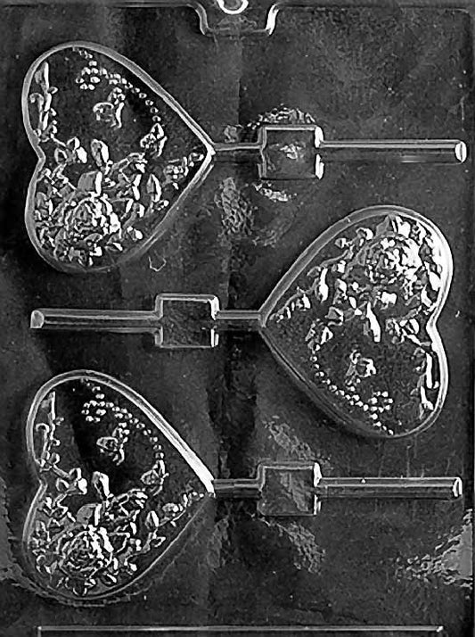 HEART Lollipop WITH FLOWERS chocolate mold with floral heart lollipop cavities; clear sheet.