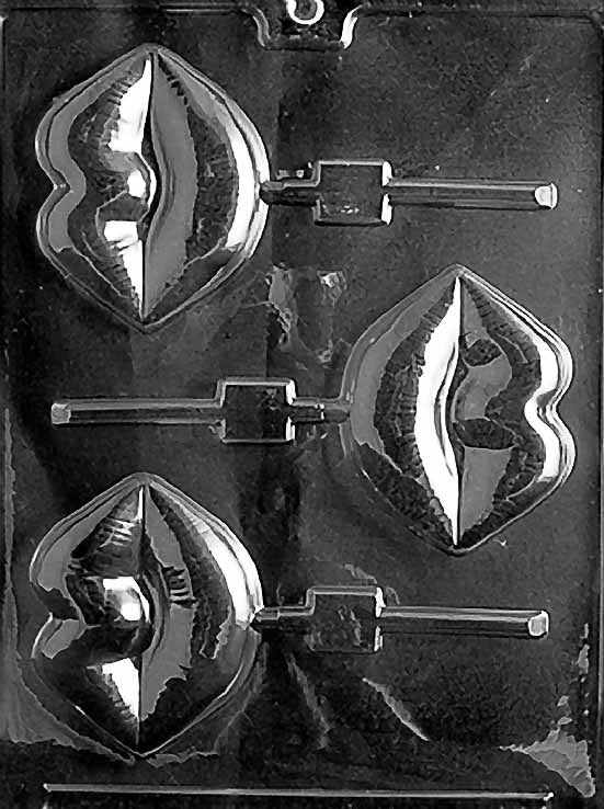 LARGE LIPS Lollipop chocolate mold with lip-shaped lollipop cavities; clear mold.
