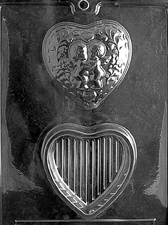 KISSING CUPID POUR BOX chocolate mold with cavities styled as Cupid-themed containers; clear mold.