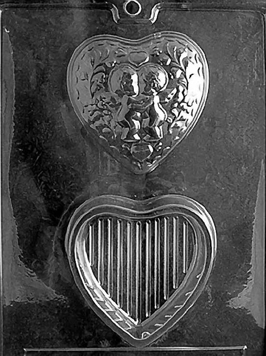 KISSING CUPID POUR BOX chocolate mold with cavities styled as Cupid-themed containers; clear mold.