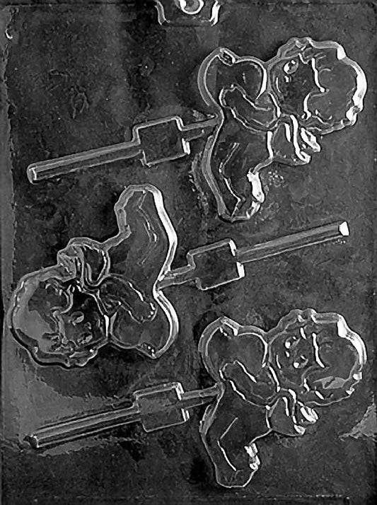 CUPID WITH HEART Lollipop chocolate mold with lollipop cavities depicting Cupid with hearts; clear mold.