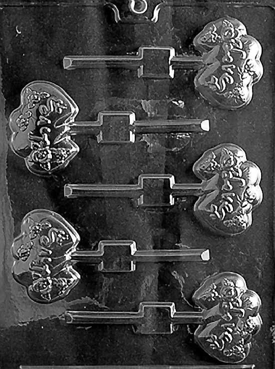 TRIO HEART LOVE Lollipop chocolate mold with cavities shaped like three joined hearts on sticks; clear mold.