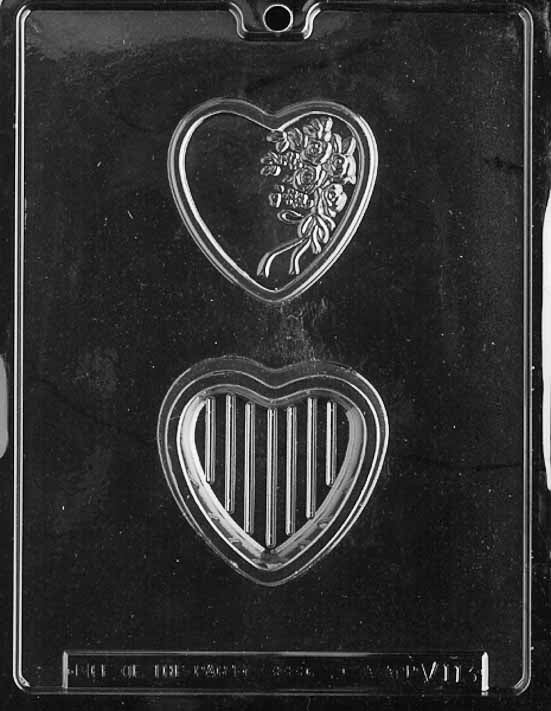 HEART WITH BOUQUET POUR BOX chocolate mold with heart container cavities decorated with flowers; clear mold.