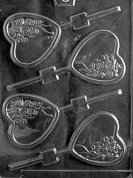 HEART WITH BOUQUET Lollipop chocolate mold with heart and floral lollipop cavities; clear mold.