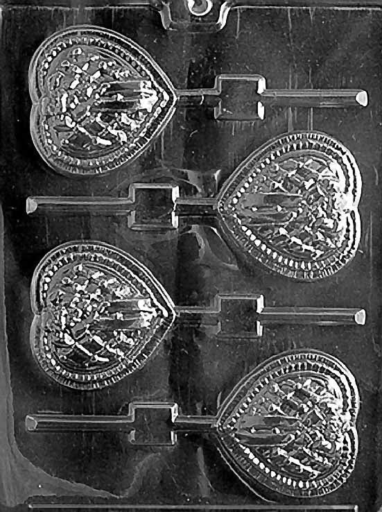 LATTICE HEART WITH BOW chocolate mold with lattice heart cavities accented by bows; clear mold.