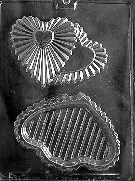 DOUBLE CRYSTAL HEART POUR BOX chocolate mold with dual crystal-textured heart cavities; clear mold.