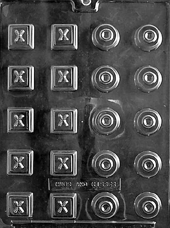 X'S & O'S chocolate mold with cavities shaped like X and O letters; clear mold.