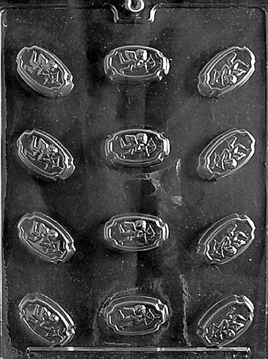 FILLED CUPID chocolate mold with Cupid-shaped filled candy cavities; clear mold.