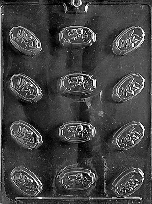 FILLED CUPID chocolate mold with Cupid-shaped filled candy cavities; clear mold.