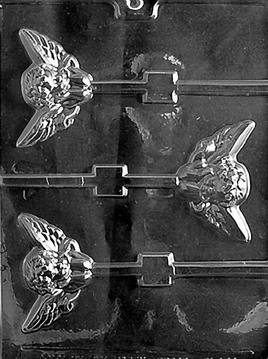 LARGE CHERUB POP chocolate mold with large cherub lollipop cavities; clear mold.