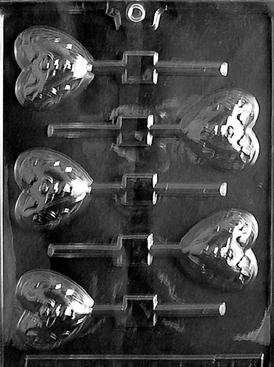 HEART POP WITH CHERUB chocolate mold with heart lollipop cavities featuring cherub details; clear mold.