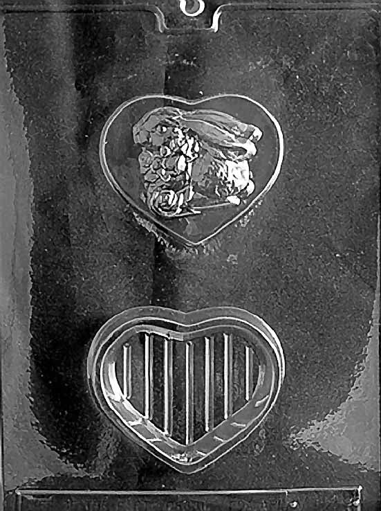 BUNNY ON HEART POUR BOX chocolate mold with cavities styled as heart boxes topped with bunnies; clear mold.