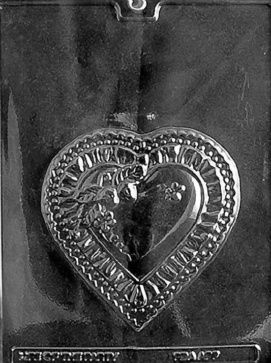 HEART PLAQUE chocolate mold with large heart-shaped plaque cavities; clear mold.