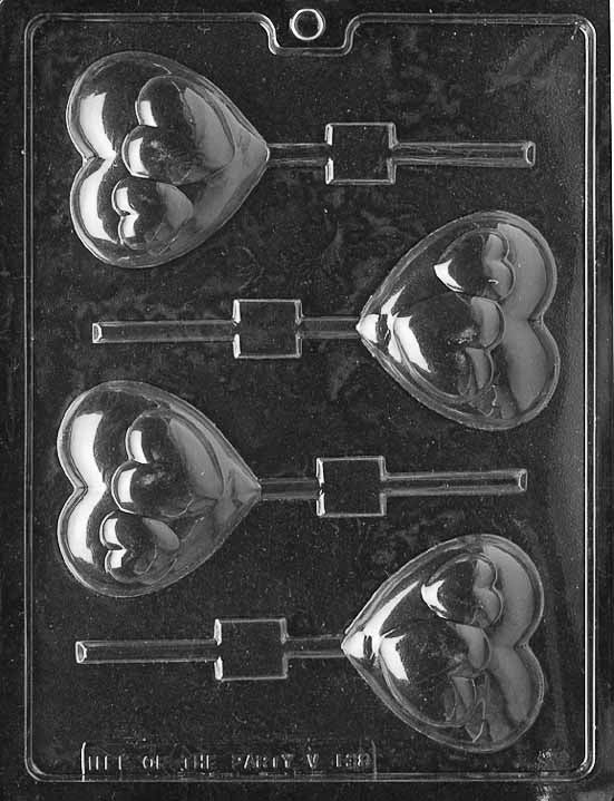 HEARTS ON HEART Lollipop chocolate mold with layered heart-shaped lollipop cavities; clear mold.