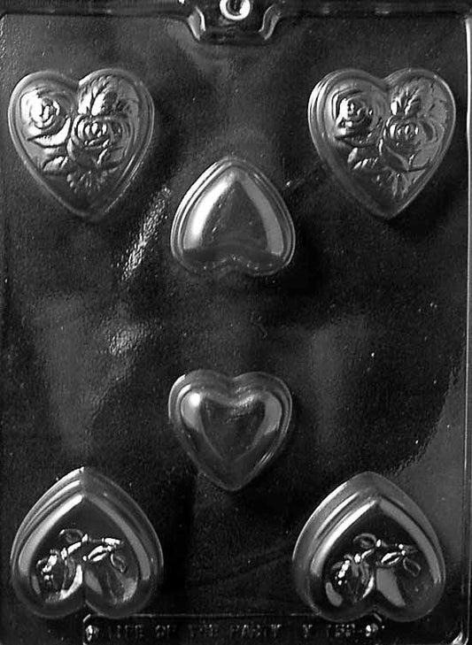 HEART ASSORTMENT chocolate mold with assorted heart cavities; clear mold.