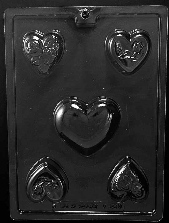 HEART BAR ASSORTMENT chocolate mold with assorted heart bar cavities; clear mold.