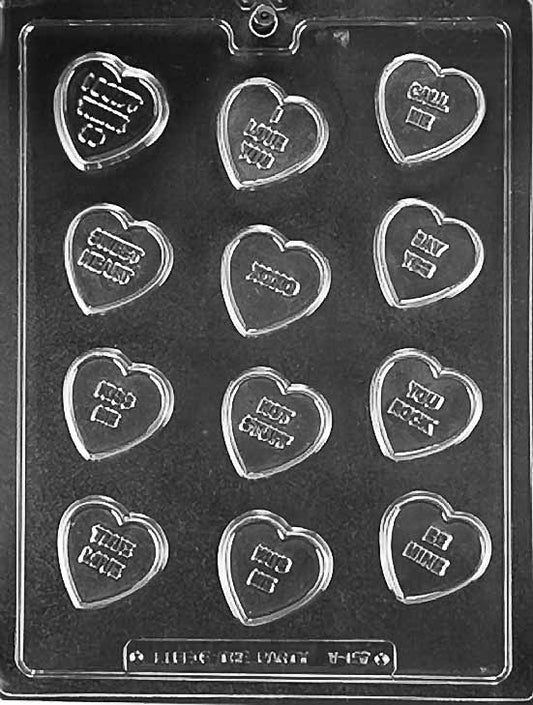 CANDY HEART SAYINGS chocolate mold with candy heart sayings cavities; clear mold.
