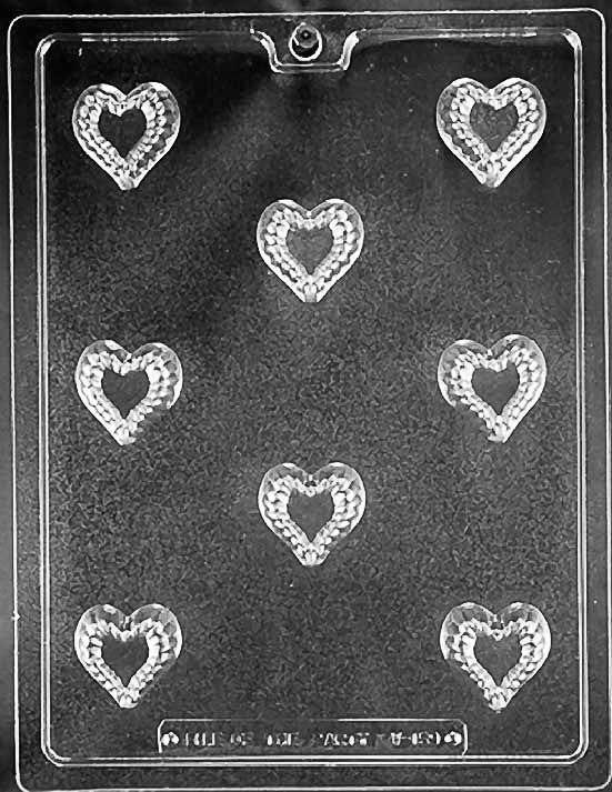 FILLED HEART PIECE chocolate mold with filled heart cavities; clear mold.