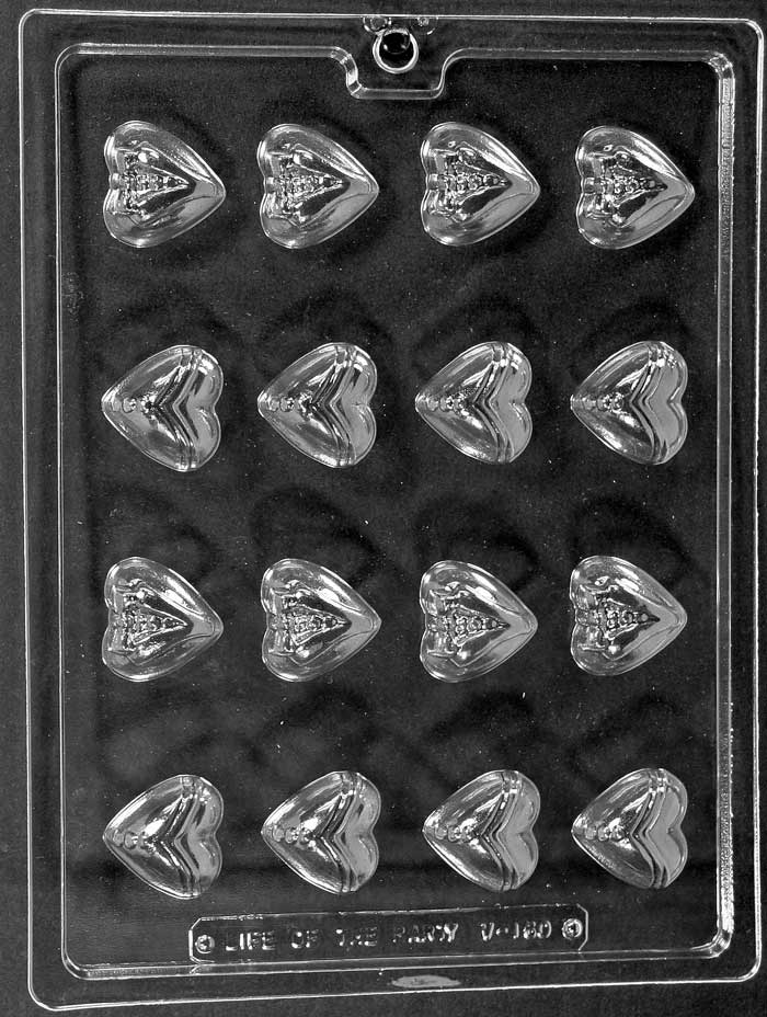 BS BRIDE AND GROOM HEARTS chocolate mold with paired bride and groom hearts on a clear mold sheet.