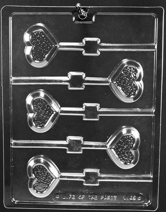 SMALL TEXTURED HEART Lollipop mold showing heart-shaped lollipop cavities with surface texture; clear plastic mold.