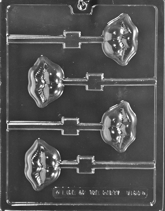 LUSCIOUS LIPS Lollipop chocolate mold with lip-shaped lollipop cavities; clear sheet.