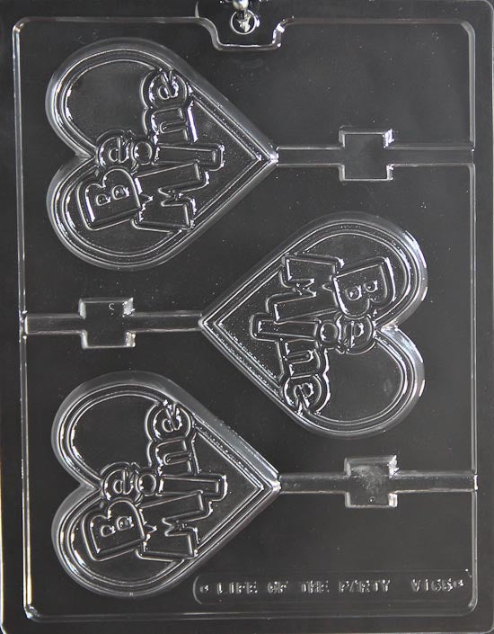 BE MINE LARGE HEART Lollipop mold showing large embossed heart-shaped lollipop cavities; clear sheet.