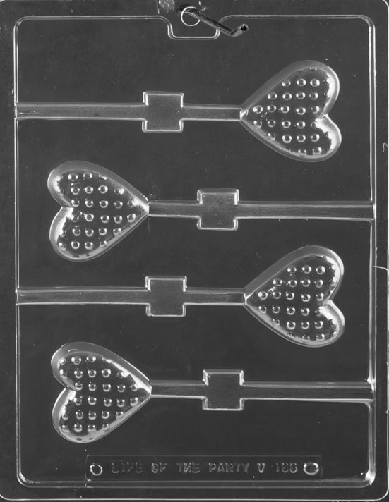 POLKA DOT HEART Lollipop chocolate mold with heart-shaped lollipop cavities accented with polka dot textures.